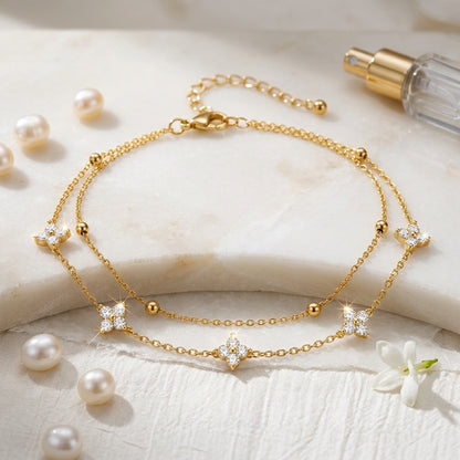 14K Gold Plated Double Layer Round Cubic Zirconia Bracelet - Gold