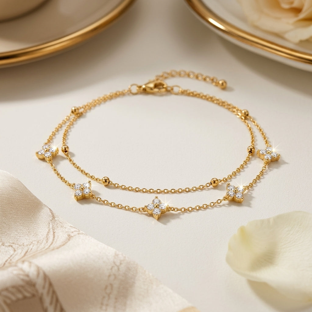 14K Gold Plated Double Layer Round Cubic Zirconia Bracelet - Gold