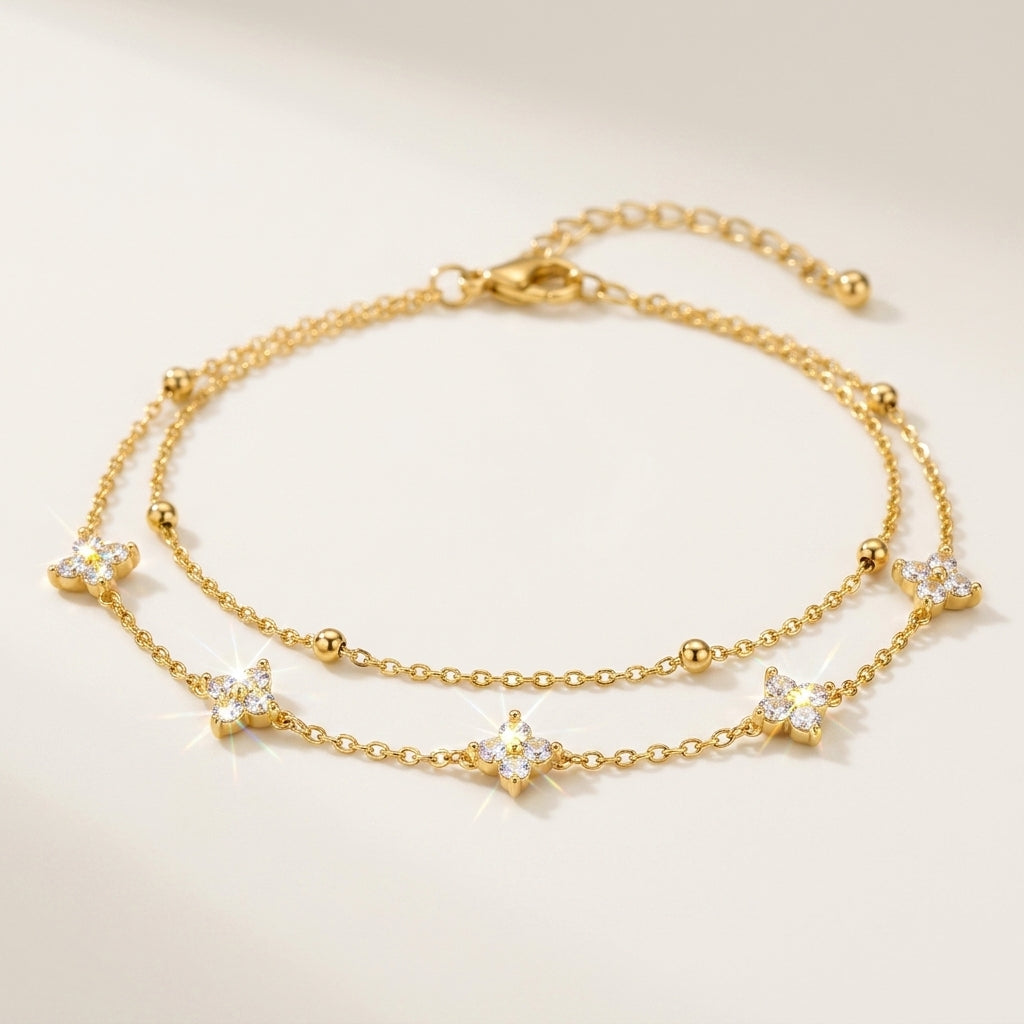 14K Gold Plated Double Layer Round Cubic Zirconia Bracelet - Gold
