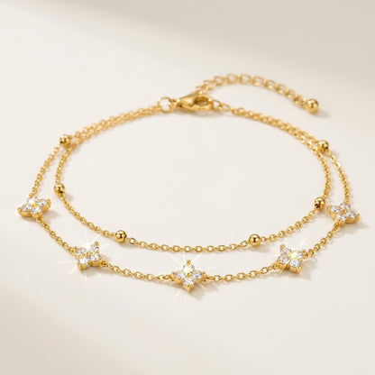 14K Gold Plated Double Layer Round Cubic Zirconia Bracelet - Gold