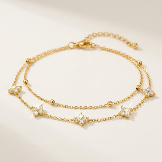14K Gold Plated Double Layer Round Cubic Zirconia Bracelet - Gold