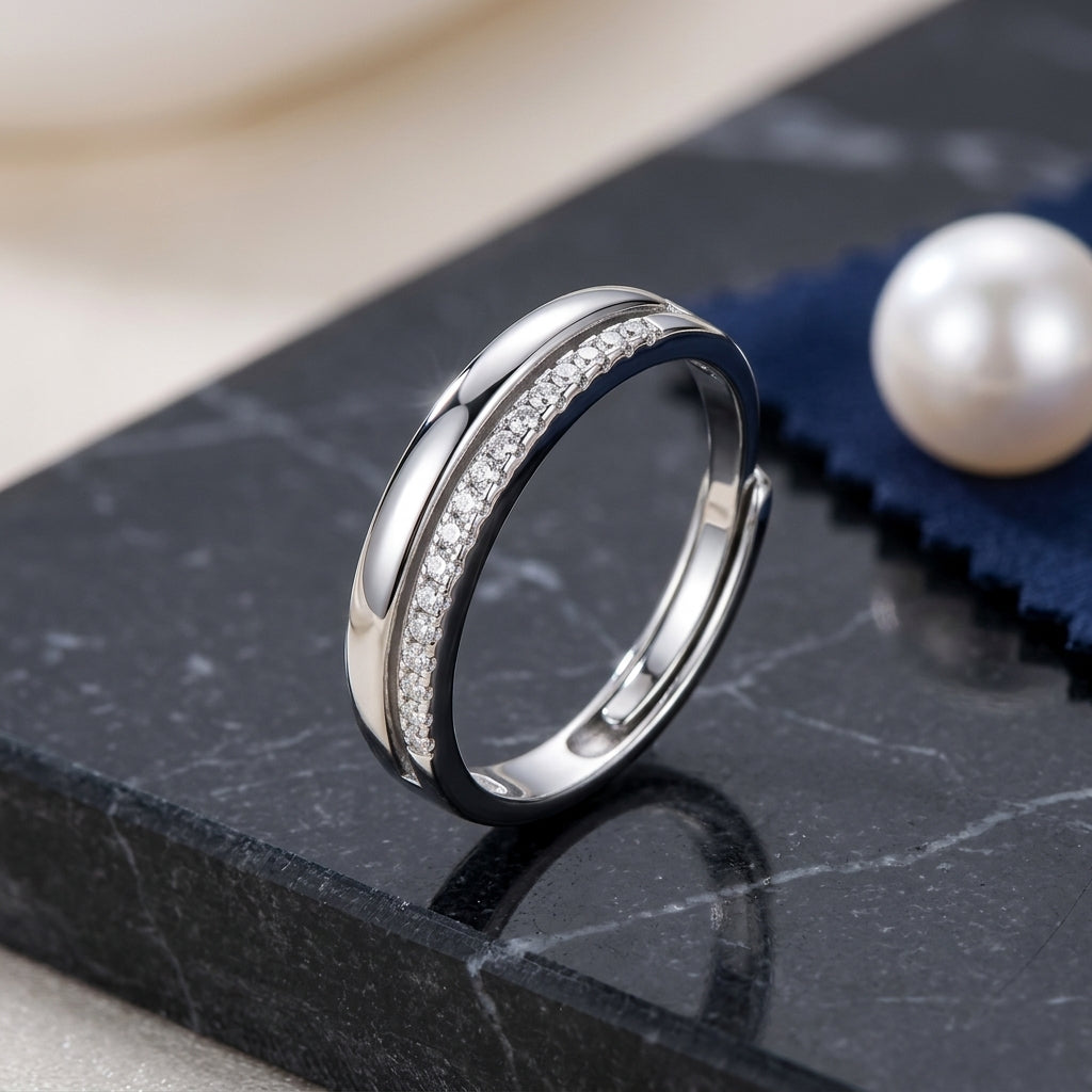 925 Sterling Silver Adjustable Double Layer Band Ring with Cubic Zirconia - Silver