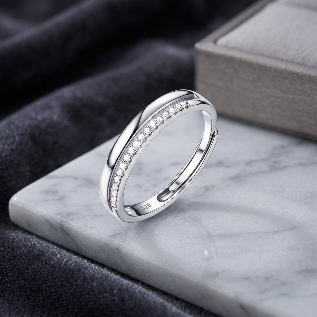 925 Sterling Silver Adjustable Double Layer Band Ring with Cubic Zirconia - Silver