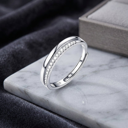 925 Sterling Silver Adjustable Double Layer Band Ring with Cubic Zirconia - Silver