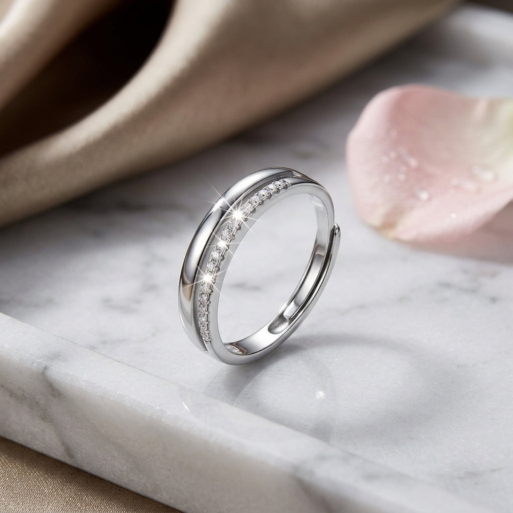 925 Sterling Silver Adjustable Double Layer Band Ring with Cubic Zirconia - Silver