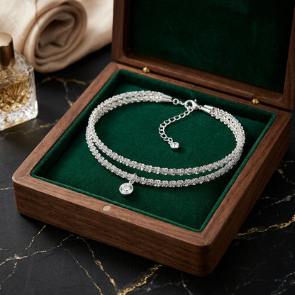 925 Sterling Silver Layered Anklet with CZ, Heart and Pearl