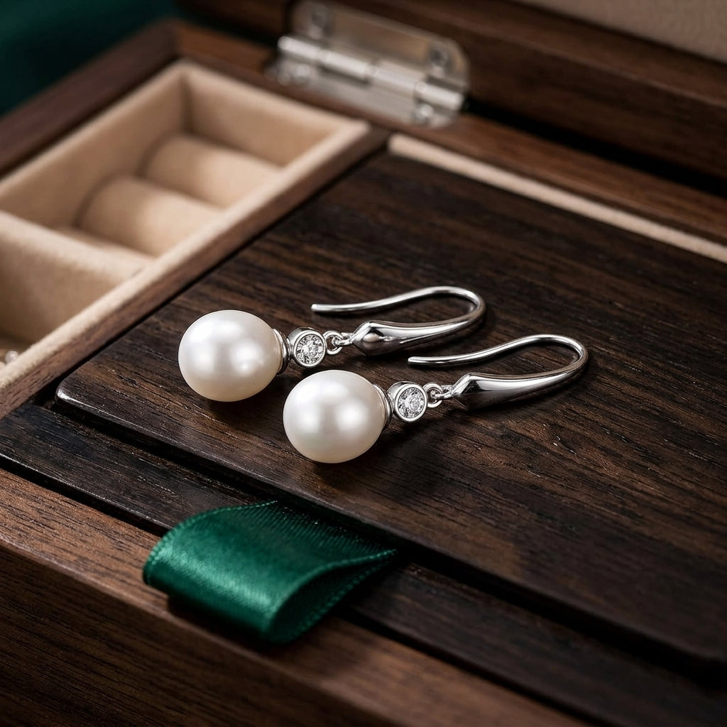 Sterling Silver White Shell Pearl Drop Earrings with Zircondia Crystals