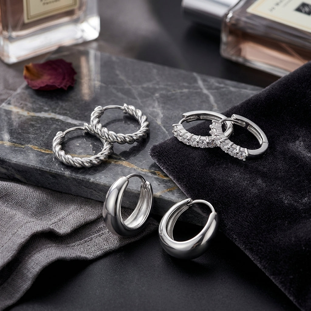 925 Sterling Silver Chunky Stud and Hoop Earring Set - 3 Pairs Silver