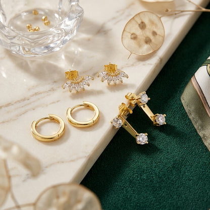 925 Sterling Silver Five Star CZ Stud and Hoop Earring Set - 3 Pairs Gold