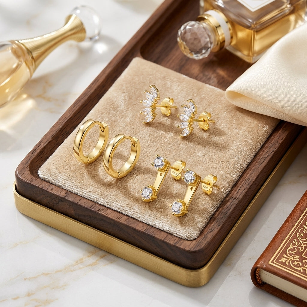 925 Sterling Silver Five Star CZ Stud and Hoop Earring Set - 3 Pairs Gold