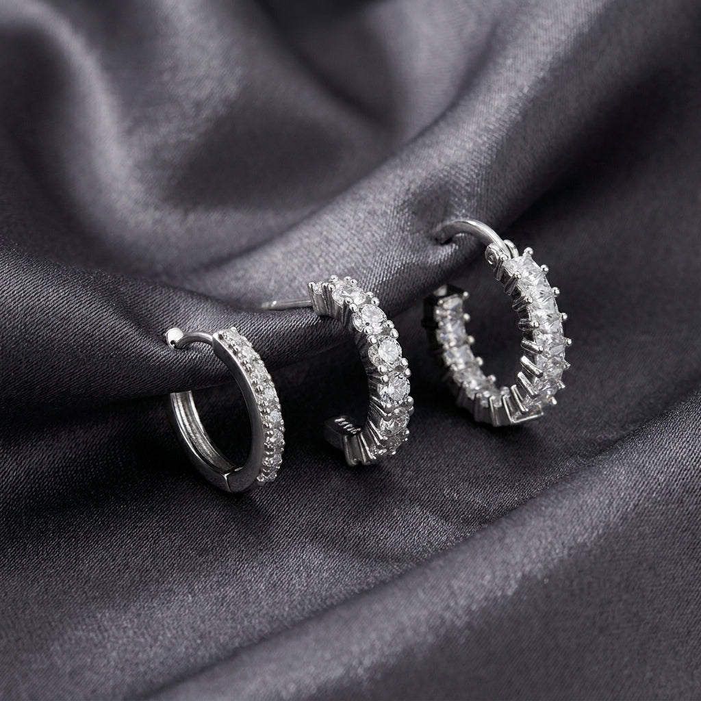 925 Sterling Silver CZ Huggie Hoop Earrings Set of 3 Pairs - Silver