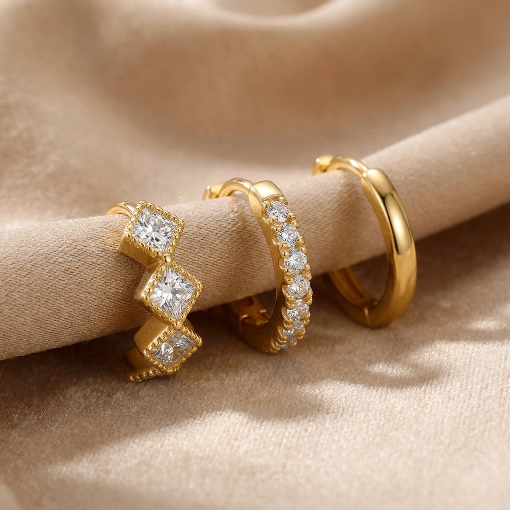 14K Gold Plated Square CZ Huggie Hoop Earrings Set of 3 Pairs - Gold