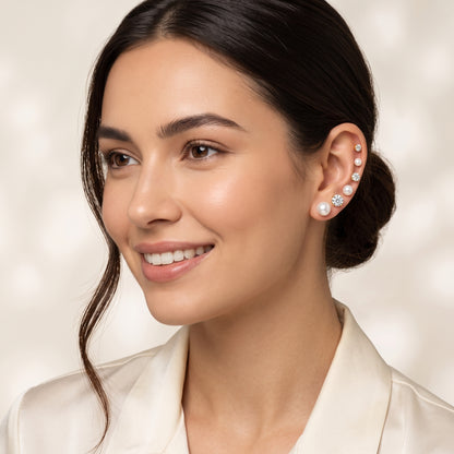 14K Gold Plated Pearl and CZ Stud Earrings Set of 6 Pairs - Gold