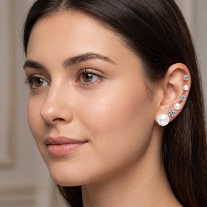 14K Gold Plated Pearl and CZ Stud Earrings Set of 6 Pairs - Gold