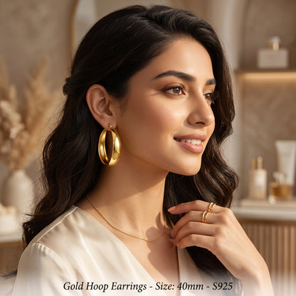 925 Sterling Silver Chunky Hoop Earrings with 14K Gold Plating - 40mm