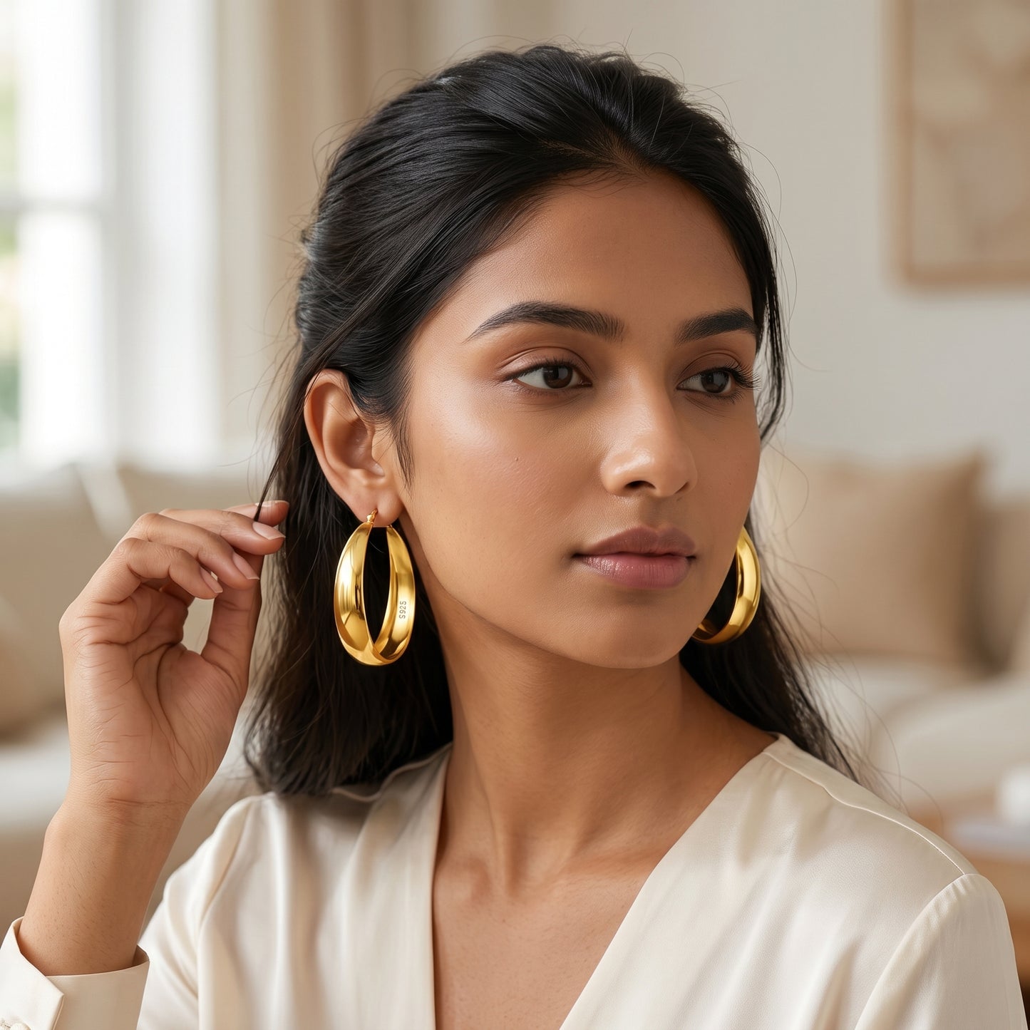 925 Sterling Silver Chunky Hoop Earrings with 14K Gold Plating - 40mm