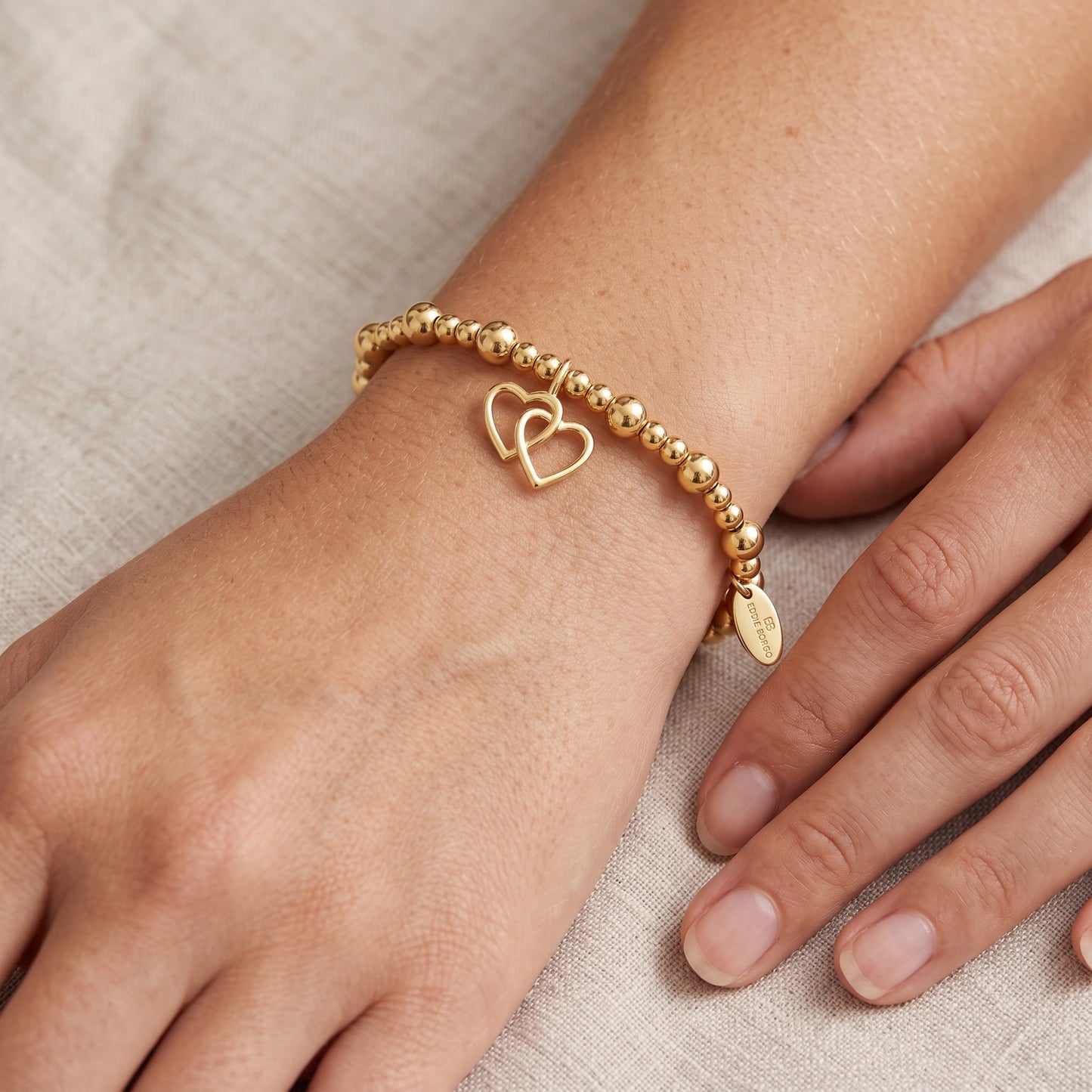 18K Gold Plated Heart Link Beaded Stretch Bracelet