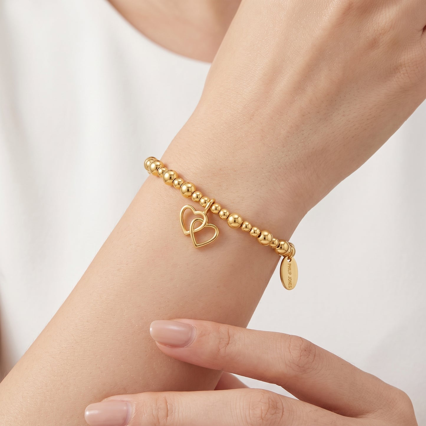 18K Gold Plated Heart Link Beaded Stretch Bracelet