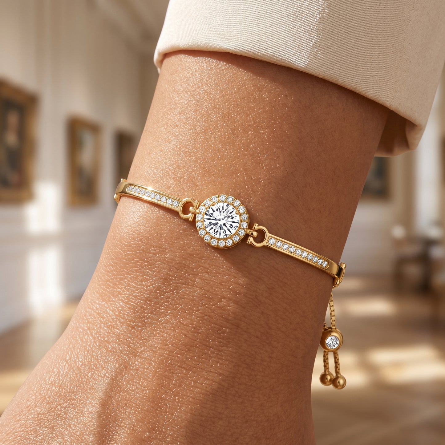 18K Gold Plated Halo Friendship Slider Bracelet with Zircondia Crystals