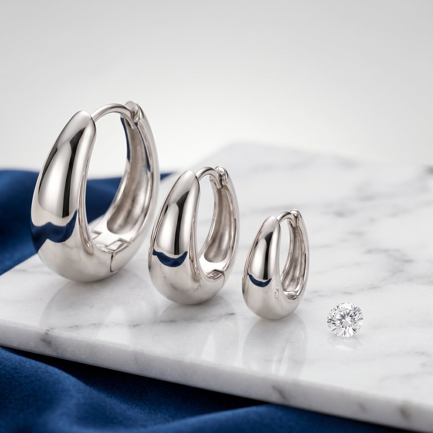 14K White Gold Plated Huggie Hoop Earrings Set of 3 Pairs - White Gold