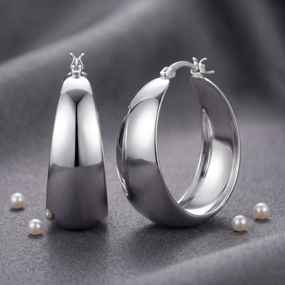 925 Sterling Silver Chunky Hoop Earrings - Silver 25mm