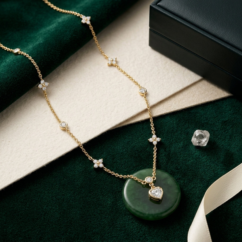 14K Gold Plated Heart and Four Leaf Clover Necklace with 5A Cubic Zirconia - Gold