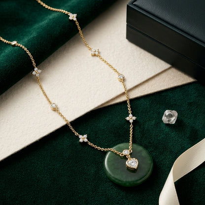 14K Gold Plated Heart and Four Leaf Clover Necklace with 5A Cubic Zirconia - Gold