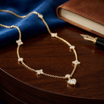 14K Gold Plated Heart and Four Leaf Clover Necklace with 5A Cubic Zirconia - Gold