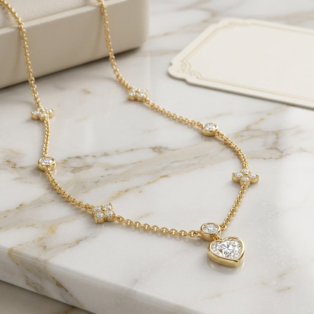 14K Gold Plated Heart and Four Leaf Clover Necklace with 5A Cubic Zirconia - Gold