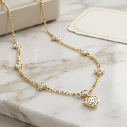 14K Gold Plated Heart and Four Leaf Clover Necklace with 5A Cubic Zirconia - Gold