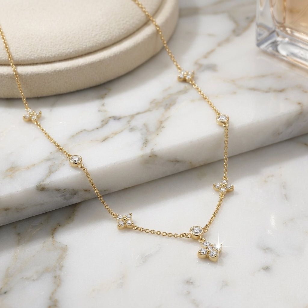 14K Gold Plated Four Leaf Clover and Heart Necklace with 5A Cubic Zirconia - Gold