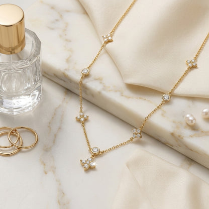 14K Gold Plated Four Leaf Clover and Heart Necklace with 5A Cubic Zirconia - Gold