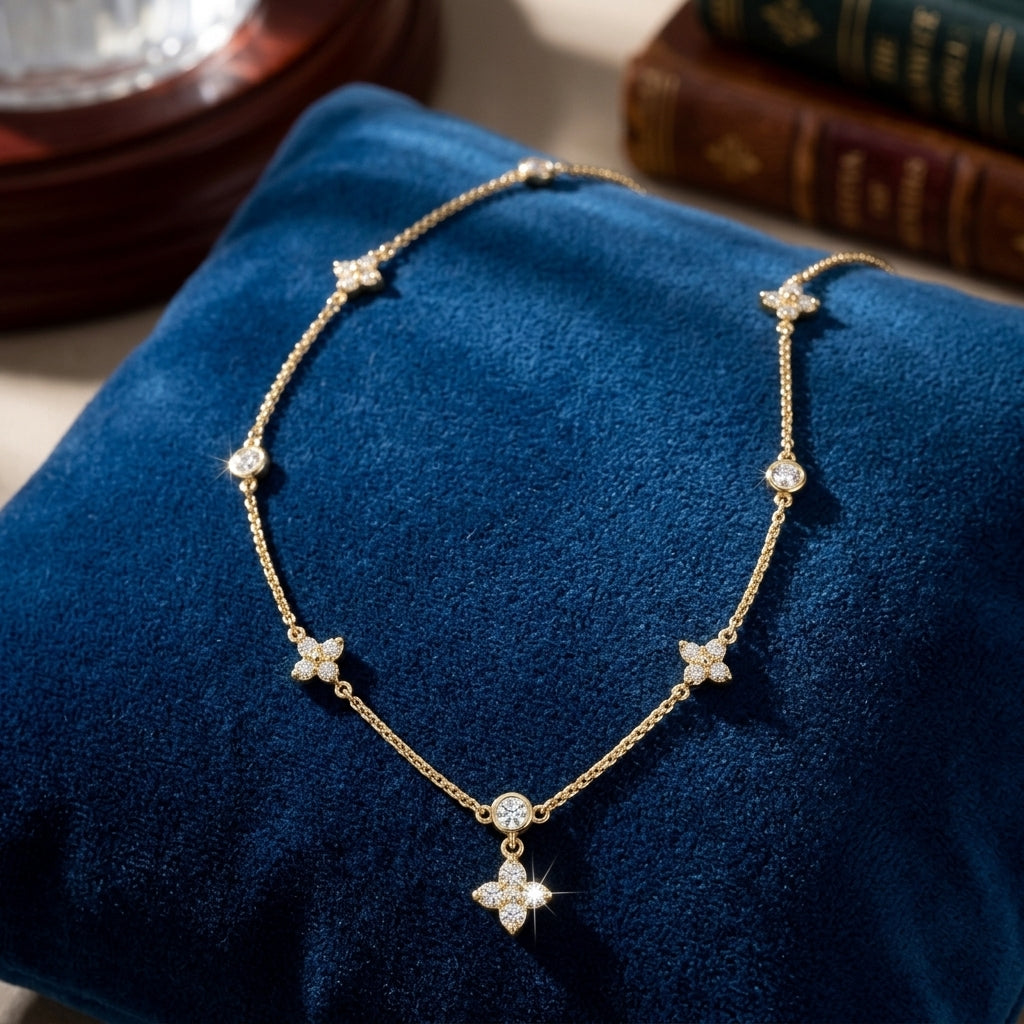 14K Gold Plated Four Leaf Clover and Heart Necklace with 5A Cubic Zirconia - Gold