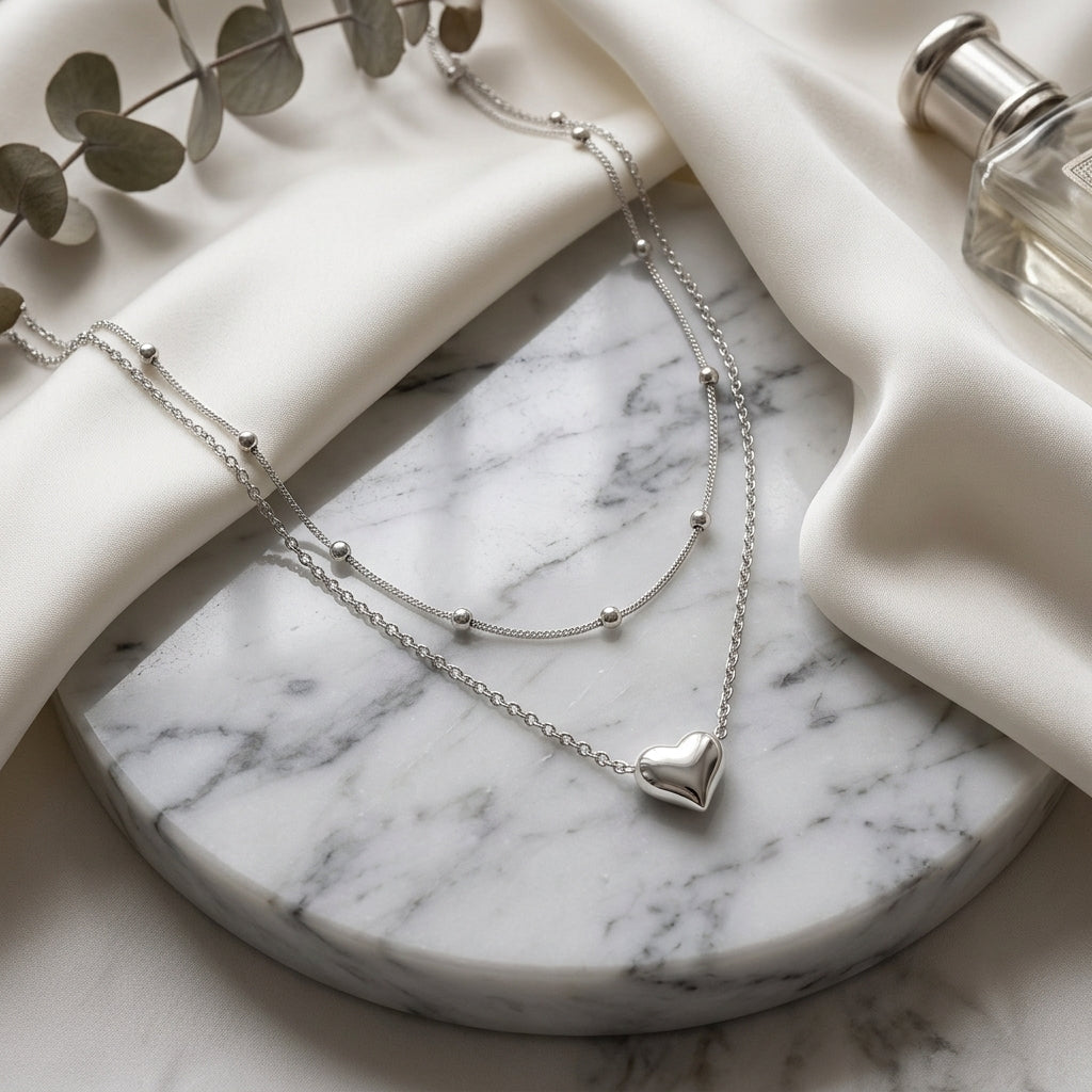 925 Sterling Silver Double Layer Heart Pendant Necklace - Silver