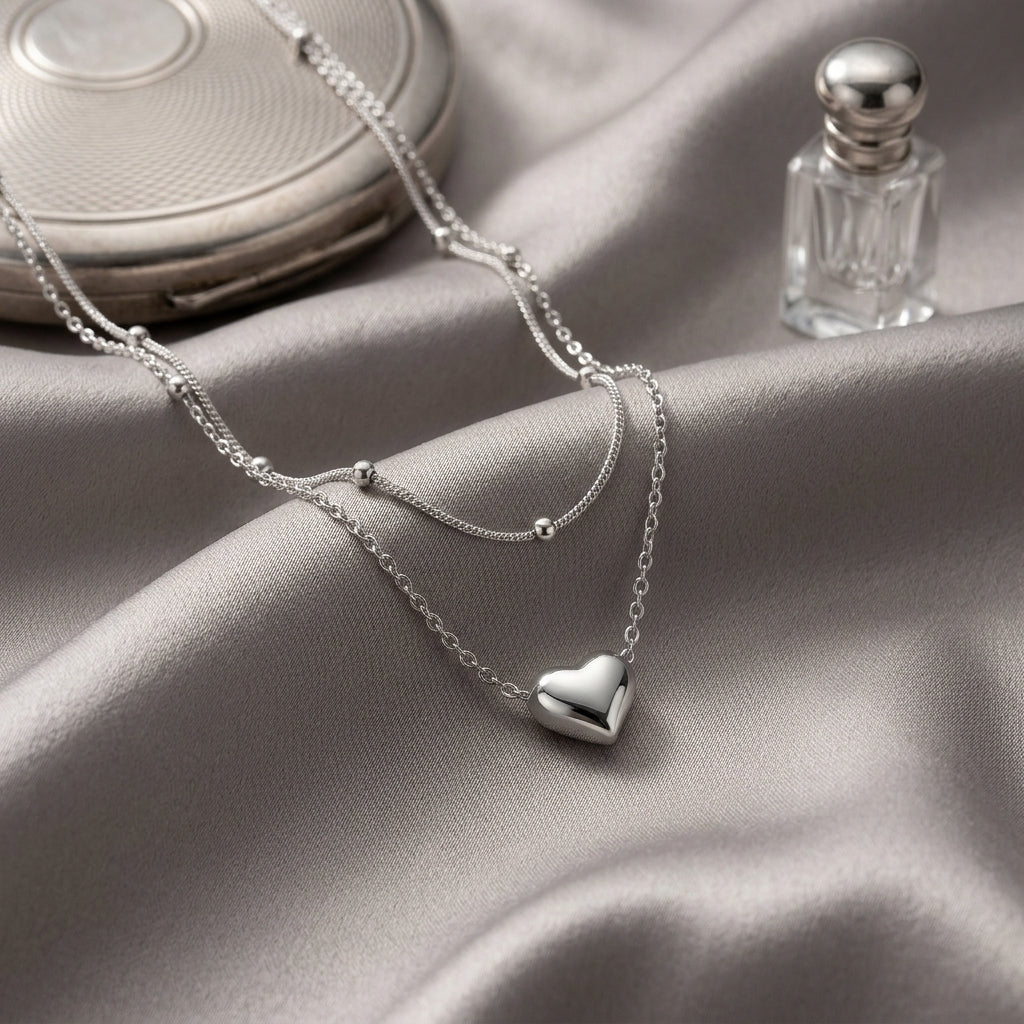 925 Sterling Silver Double Layer Heart Pendant Necklace - Silver