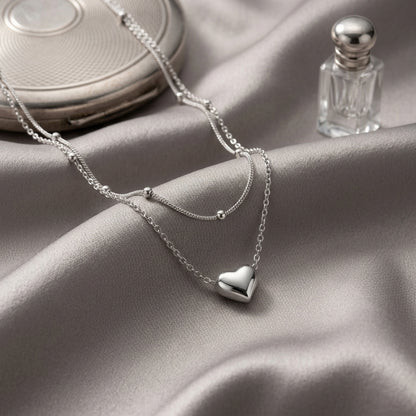 925 Sterling Silver Double Layer Heart Pendant Necklace - Silver