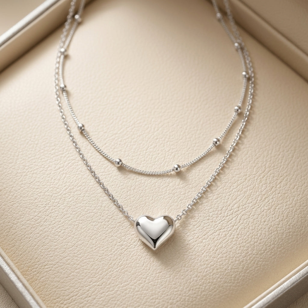 925 Sterling Silver Double Layer Heart Pendant Necklace - Silver