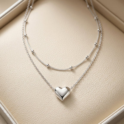 925 Sterling Silver Double Layer Heart Pendant Necklace - Silver