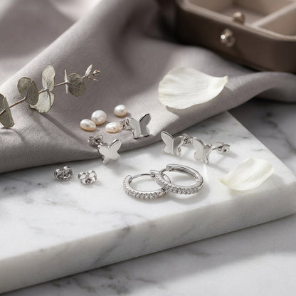 925 Sterling Silver Butterfly Stud and Hoop Earring Set - 3 Pairs Silver