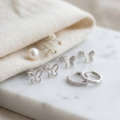 925 Sterling Silver Butterfly Stud and Hoop Earring Set - 3 Pairs Silver