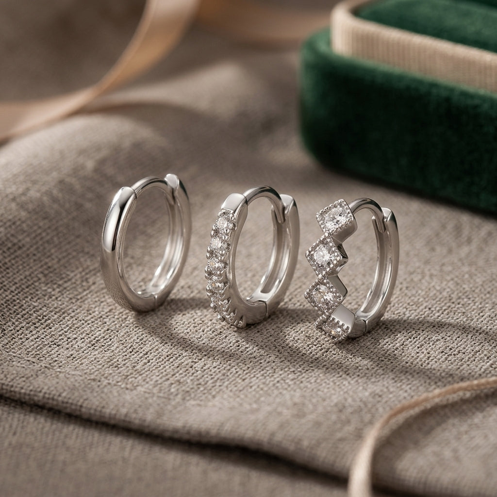925 Sterling Silver Square CZ Huggie Hoop Earrings Set of 3 Pairs - Silver