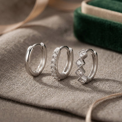 925 Sterling Silver Square CZ Huggie Hoop Earrings Set of 3 Pairs - Silver