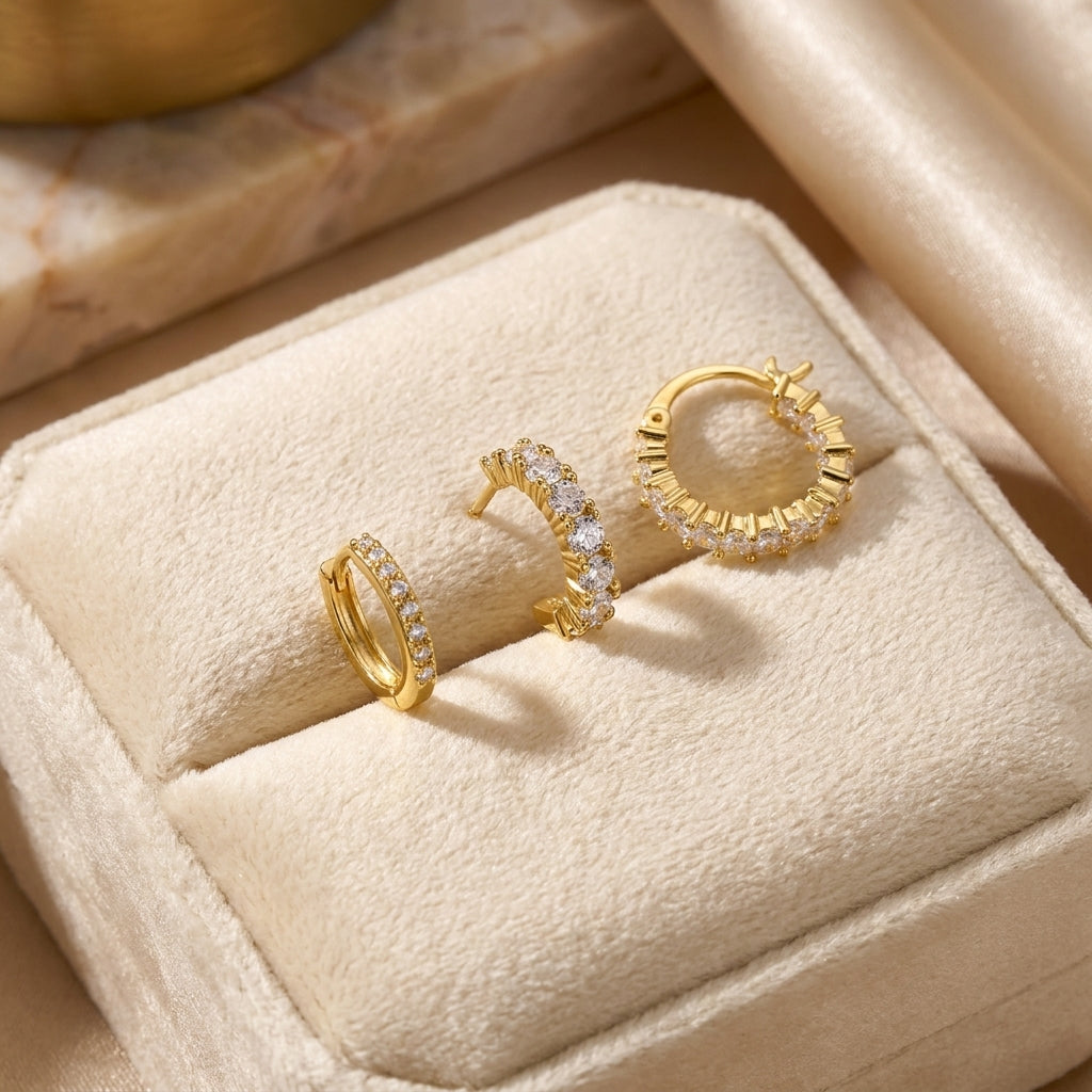 14K Gold Plated AAAA CZ Huggie Hoop Earrings Set of 3 Pairs - Gold