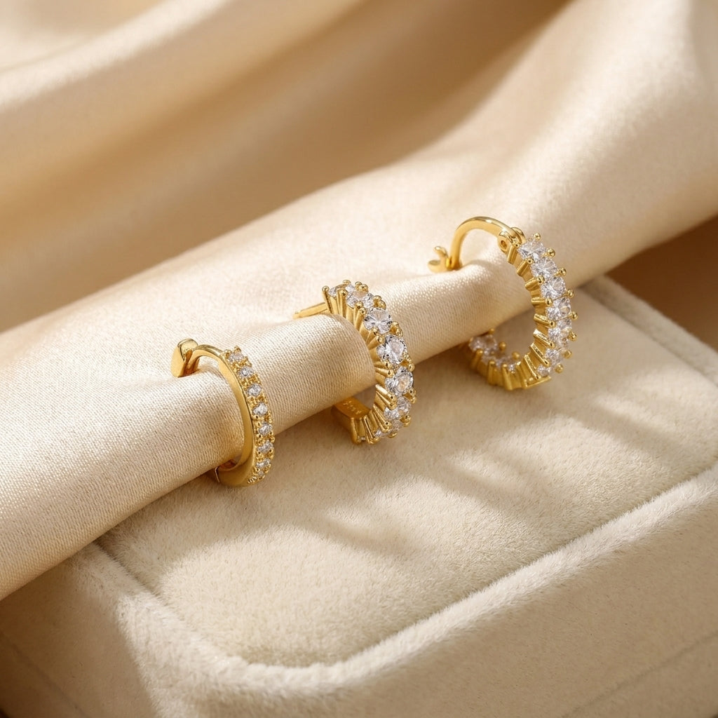 14K Gold Plated AAAA CZ Huggie Hoop Earrings Set of 3 Pairs - Gold