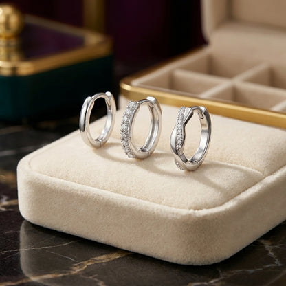925 Sterling Silver Twist CZ Huggie Hoop Earrings Set of 3 Pairs - Silver