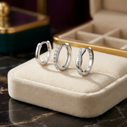 925 Sterling Silver Twist CZ Huggie Hoop Earrings Set of 3 Pairs - Silver
