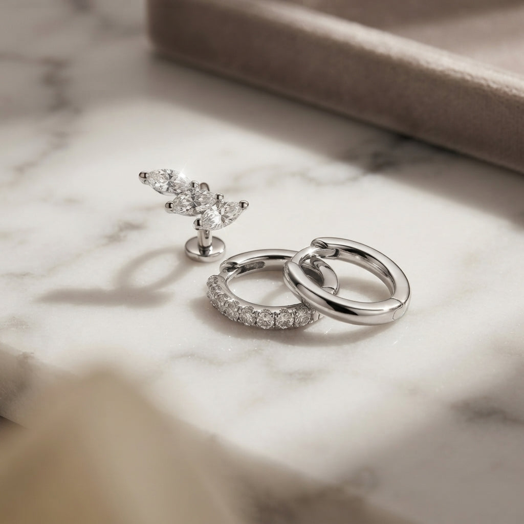 925 Sterling Silver Maple Leaf CZ Stud and Hoop Earring Set of 3 Pairs - Gold