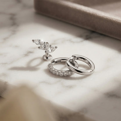 925 Sterling Silver Maple Leaf CZ Stud and Hoop Earring Set of 3 Pairs - Gold