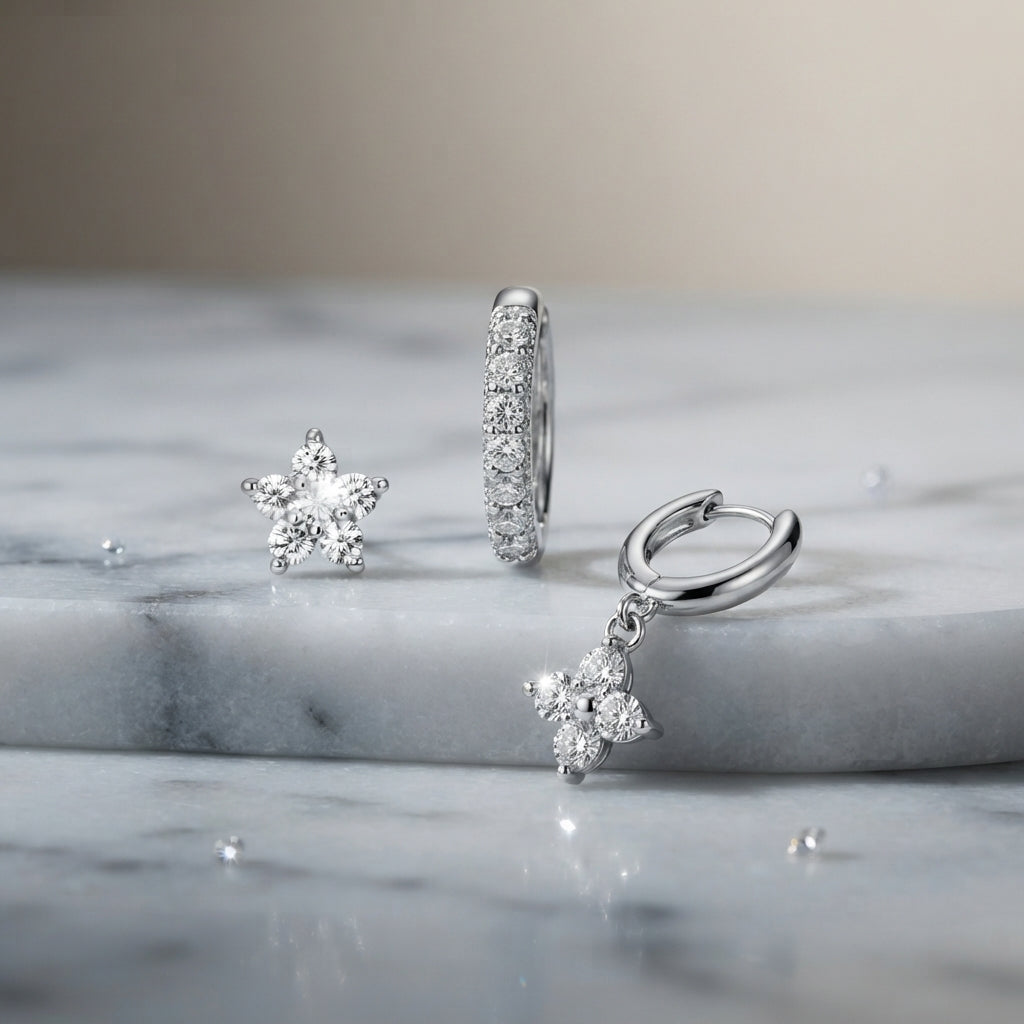 925 Sterling Silver Flower CZ Stud and Hoop Earring Set of 3 Pairs - Silver