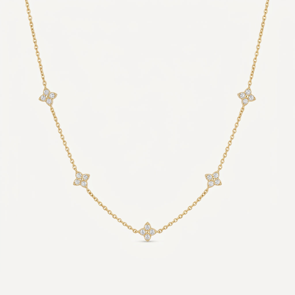 925 Sterling Silver Four Leaf Clover Necklace with Cubic Zirconia - Gold